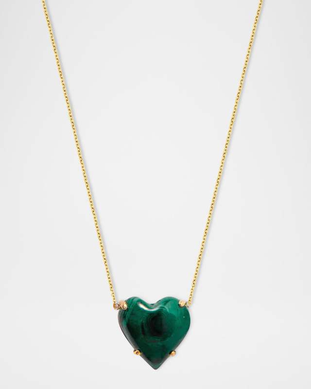 14K Yellow Gold Malachite Heart Necklace, 18"L